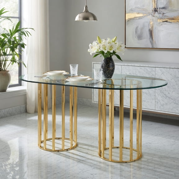 Demi Bonn 71" Oval Tempered Glass Dining Table, Double Column Light Luxury Modern Table for 6-8 People, Scratch-Resistant & Easy-Clean Glass Top, Gold