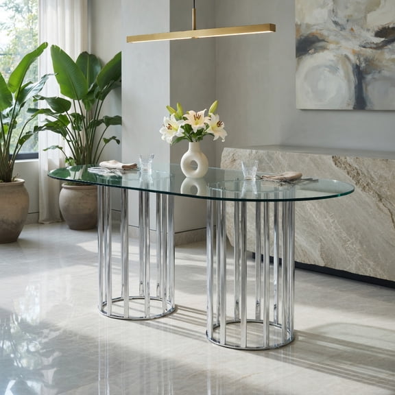 Demi Bonn 71" Oval Tempered Glass Dining Table, Double Column Light Luxury Modern Table for 6-8 People, Scratch-Resistant & Easy-Clean Glass Top, Silver