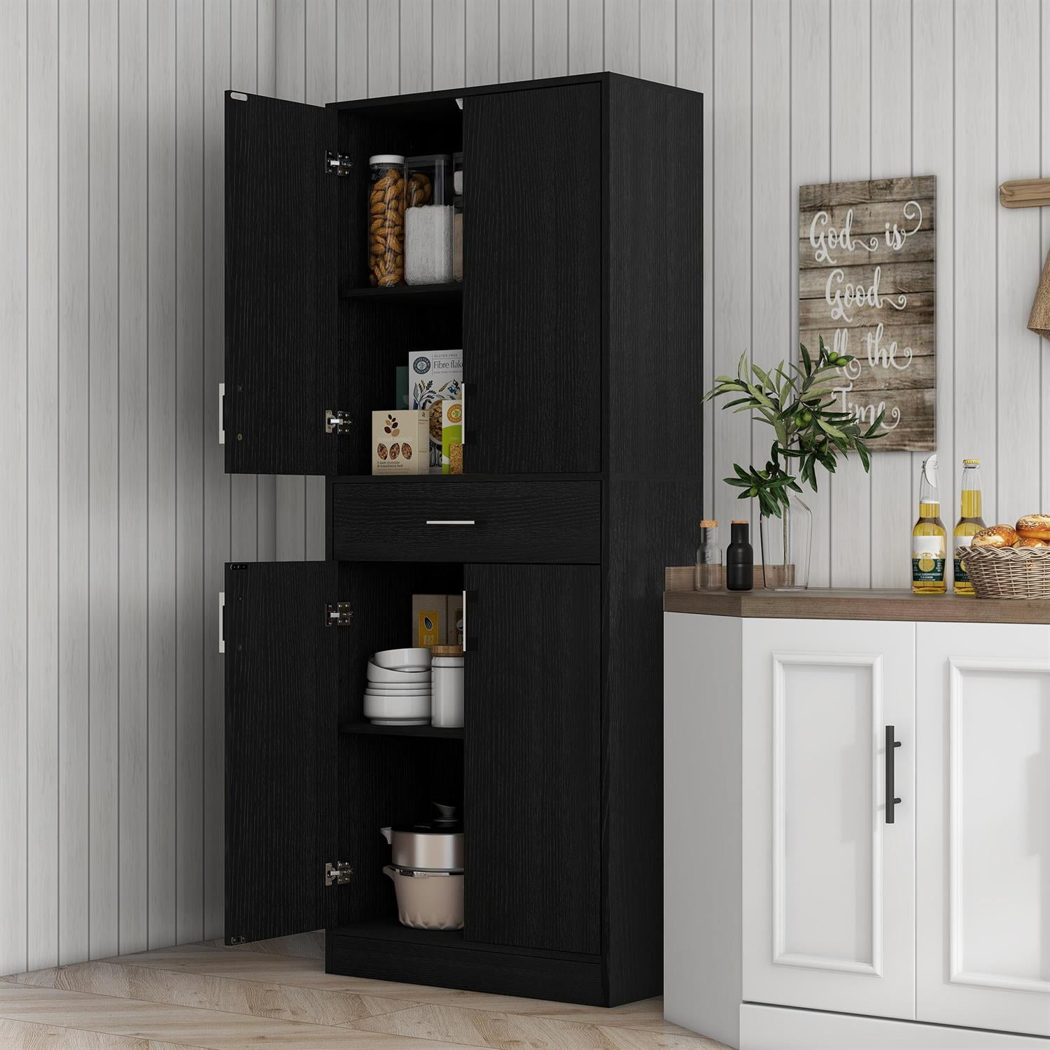 Demi Bonn 71" Tall Kitchen Cabinet with Drawer, Adjustable Shelves, Storage Solution for Home & Kitchen, Spacious Pantry, Black