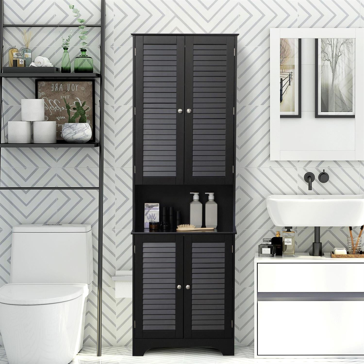 Demi Bonn 71" Tall Narrow Bathroom Storage Cabinet with Adjustable Shelves, Freestanding Linen Cabinet with 2 Cabinets & Countertop, Storage for Narrow Spaces, Black