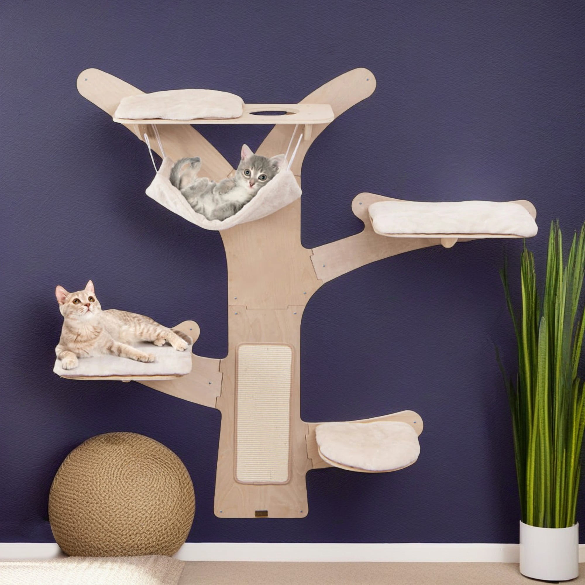 Kadyn 71" Wall-Mounted Cat Tree Tower with Hammock Platforms and Sisal Scratching Mat, Cat Wall Climber Shelves, Beige