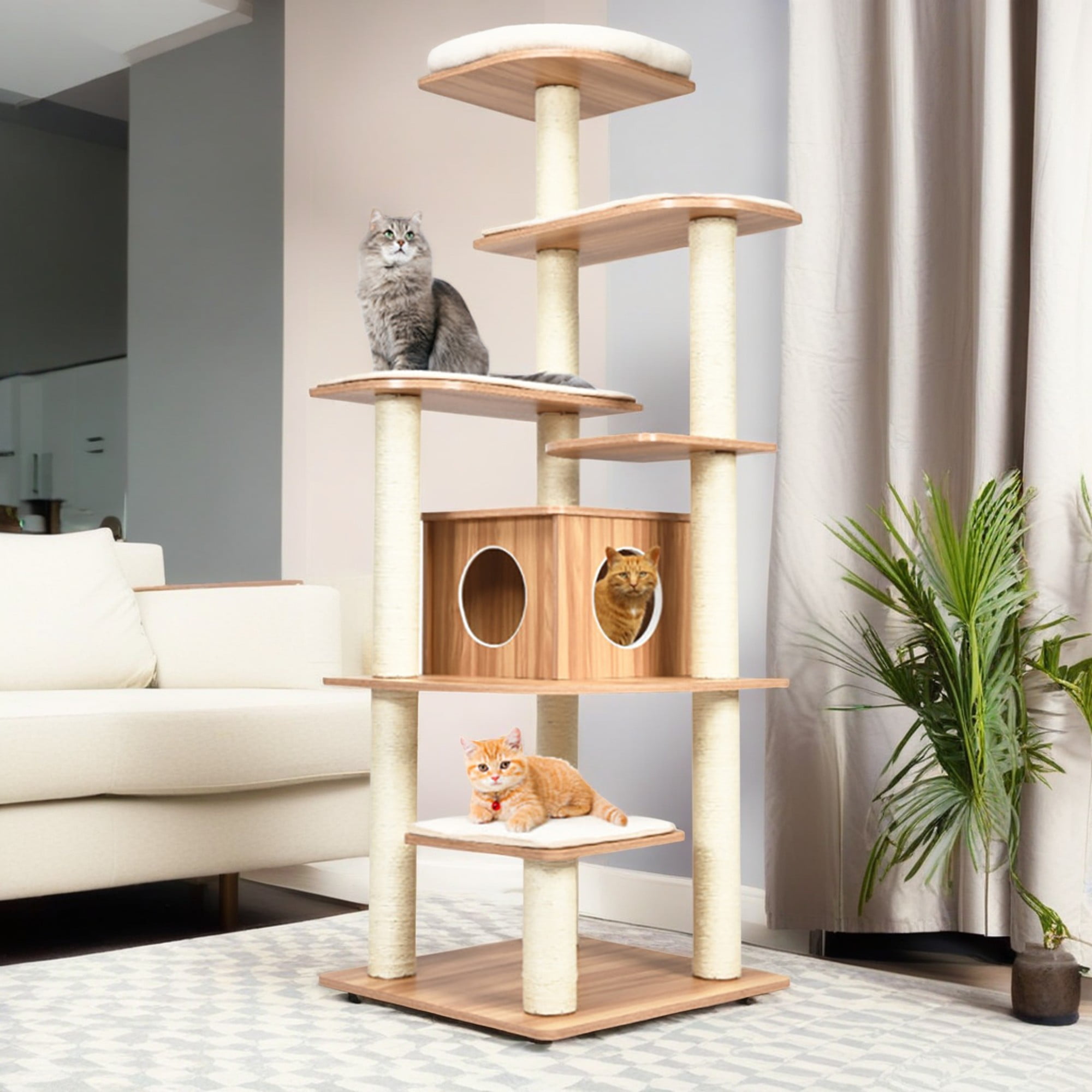 resenkos 71" Wood Cat Tree Tower for Indoor Cats, Multi-Level Cat Condo with 10 Scratching Posts, Perch, Washable Removable Cushions, Cat Furniture, Beige