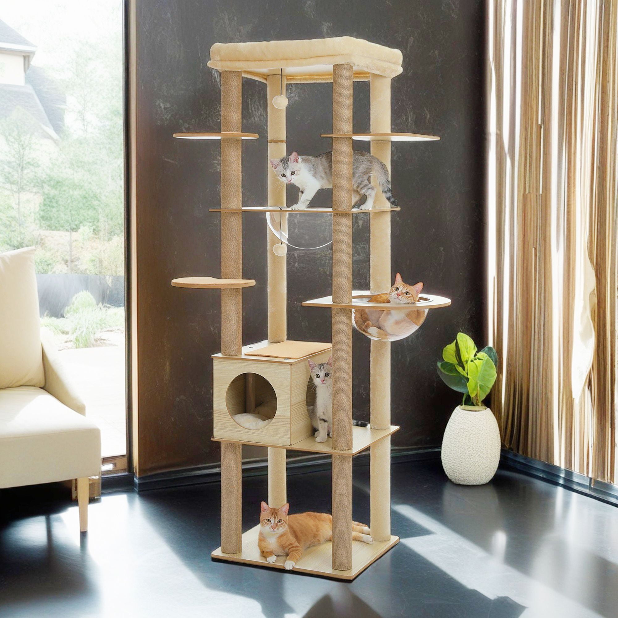 Kadyn 71" Wooden Cat Tree Tower for Multiple Cats, Modern Cat Tree House with Cat Condo for Indoor Cats, Beige