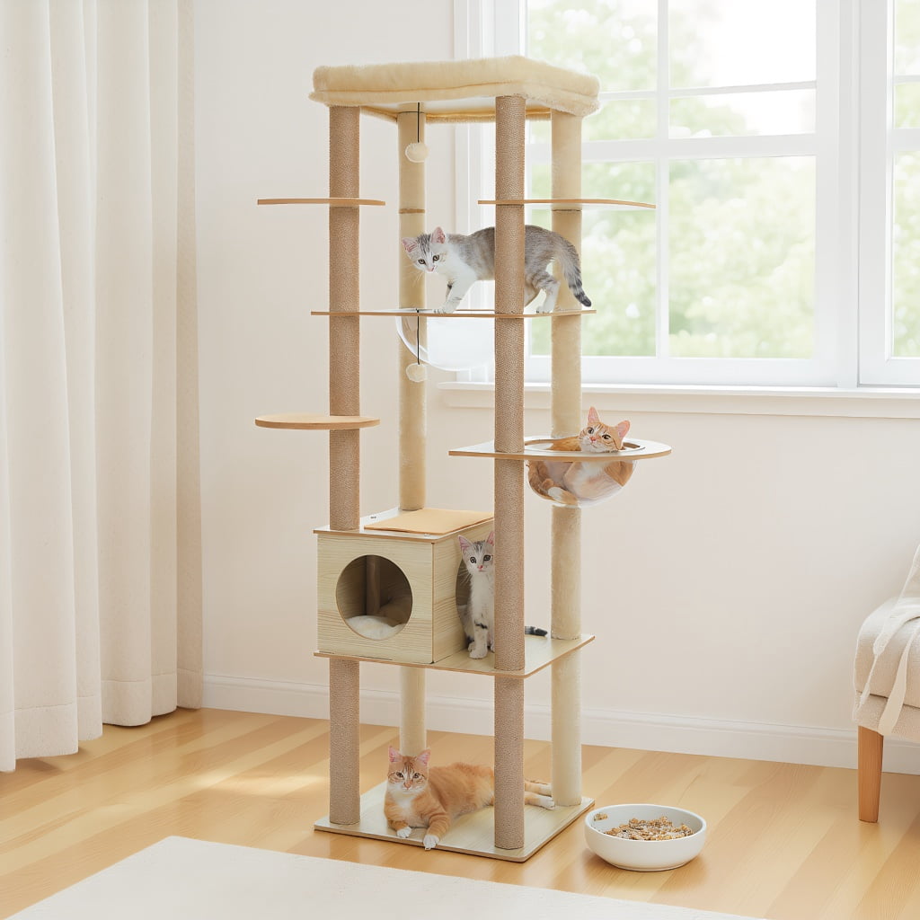 Demi Bonn 71" Wooden Cat Tree Tower for Multiple Cats, Modern Cat Tree House with Cat Condo for Indoor Cats, Beige