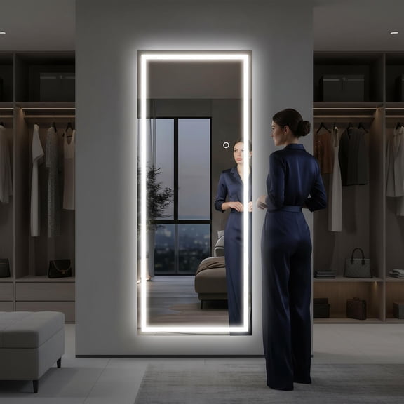 Demi Bonn 71x28 Inch Frameless LED Full-Length Mirror, Black Tempered Glass, 50,000-Hour LED, Hammer-Resistant, Touch Color Temp, Multi-Install