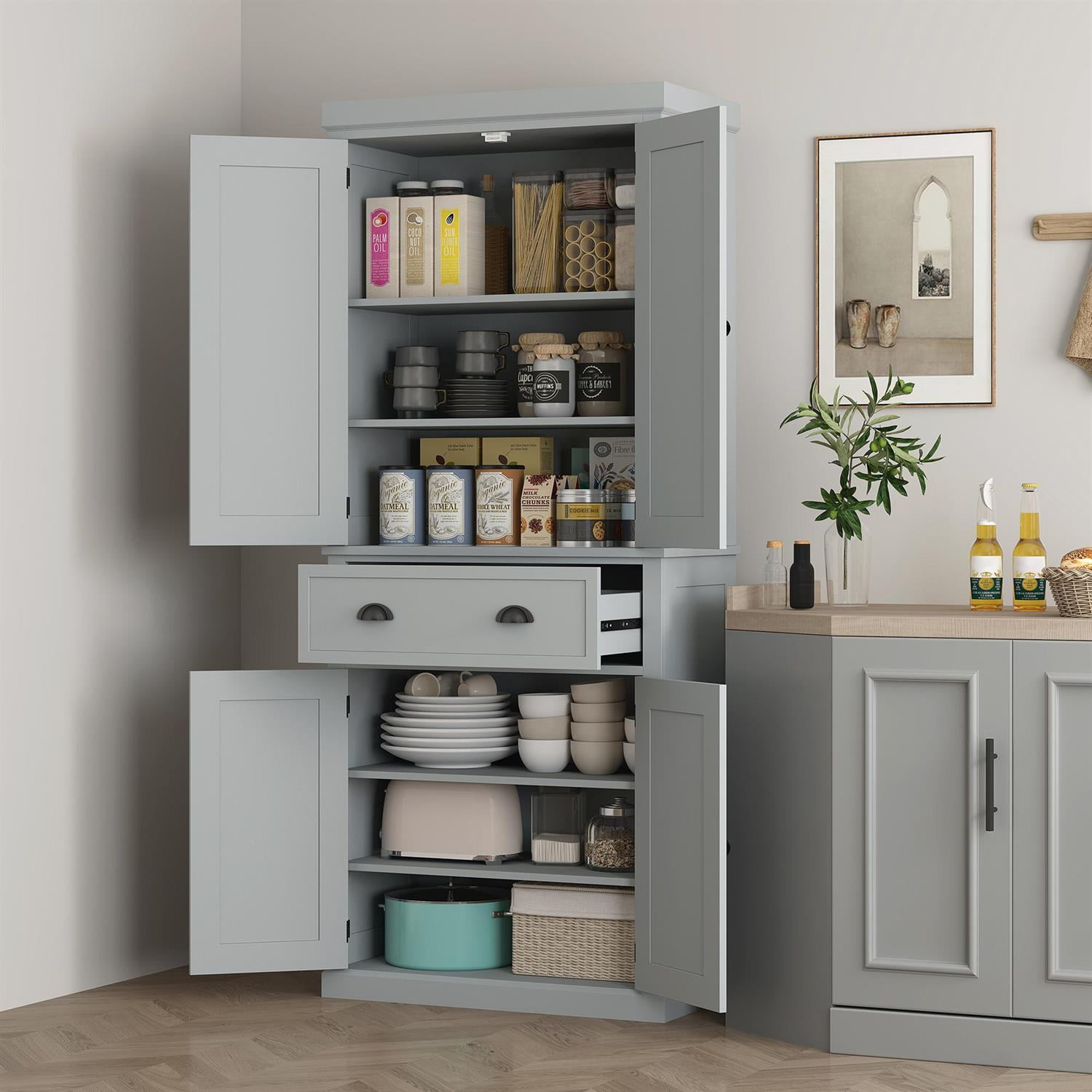 Demi Bonn 72.5" Kitchen Pantry Storage Cabinet with Doors and Shelves, Standing Food Pantry Organizer, Space Saving Design for Home Kitchen, Gray