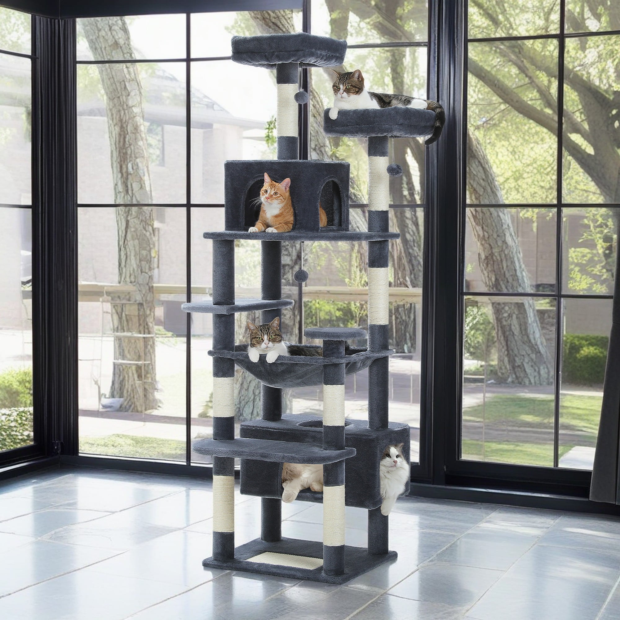 Kadyn 72" Cat Tree Tower for Large Cats, Indoor Cat Condo with Sisal-Covered Scratching Posts and Pads, 2 Padded Perch, Gray