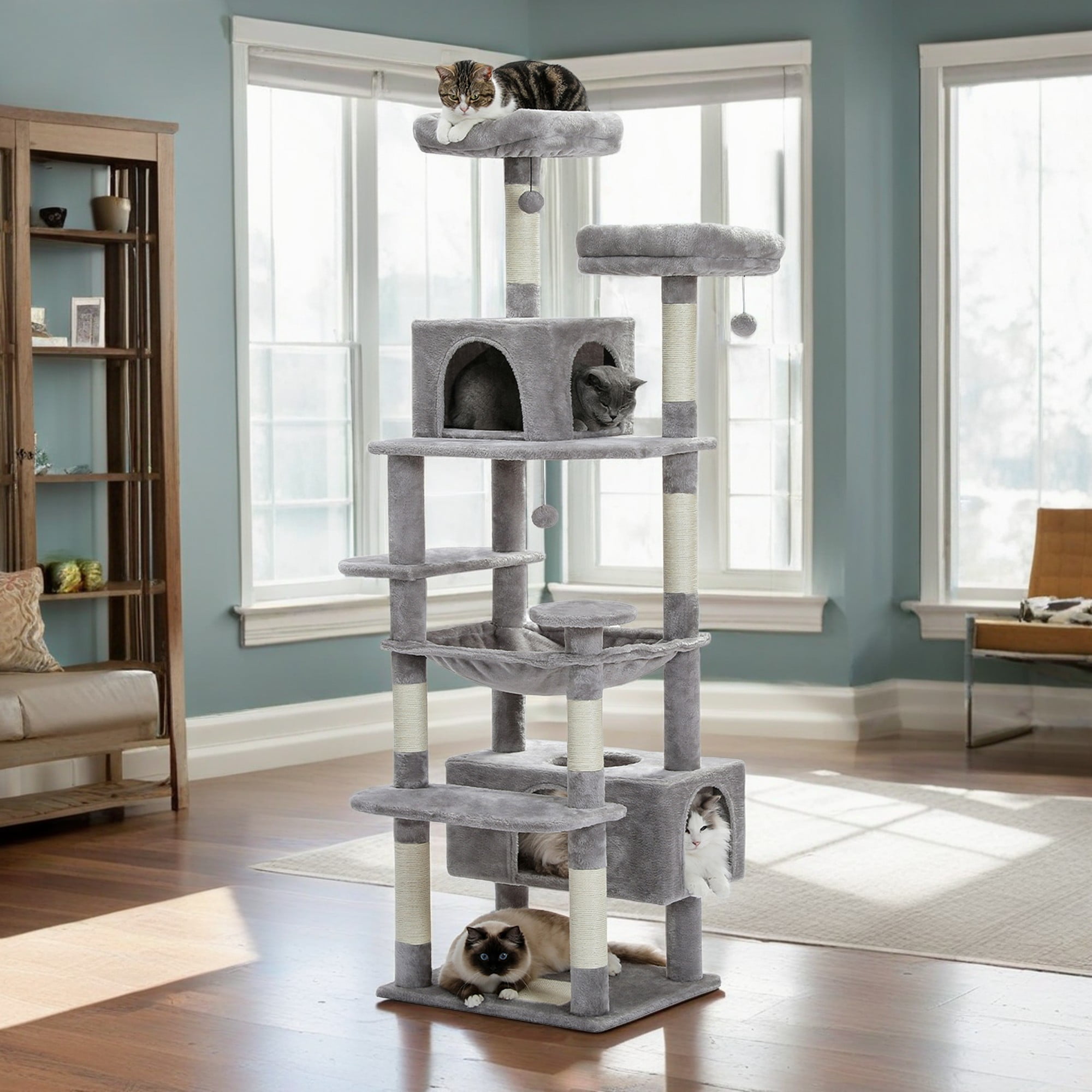 resenkos 72" Cat Tree Tower for Large Cats, Indoor Cat Condo with Sisal-Covered Scratching Posts and Pads, 2 Padded Perch, Gray