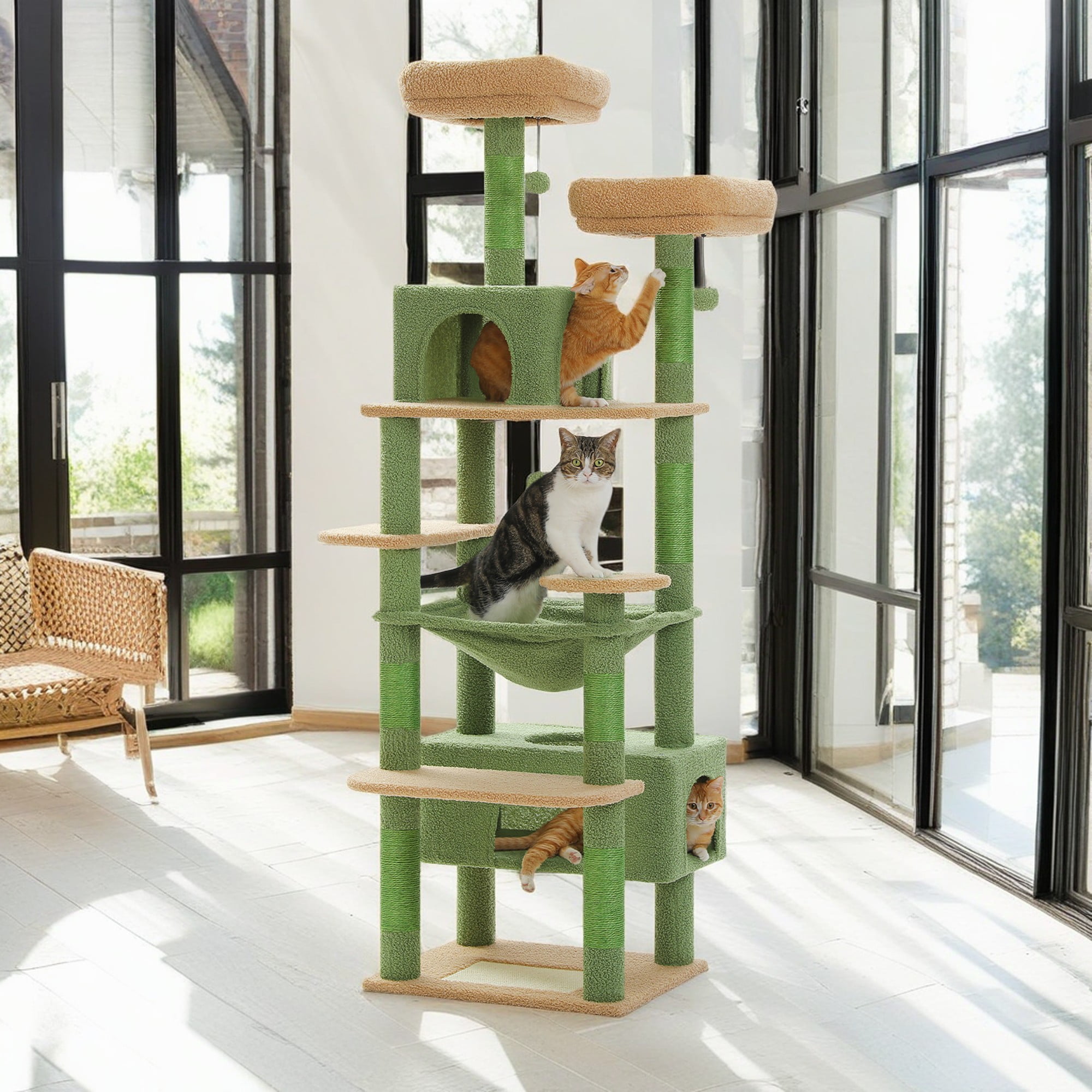 resenkos 72" Cat Tree Tower for Large Cats, Indoor Cat Condo with Sisal-Covered Scratching Posts and Pads, 2 Padded Perch, Green