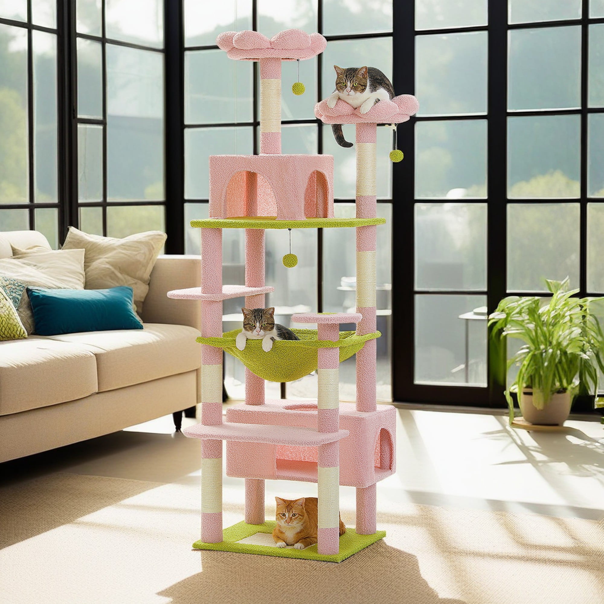 resenkos 72" Cat Tree Tower for Large Cats, Indoor Cat Condo with Sisal-Covered Scratching Posts and Pads, 2 Padded Perch, Pink