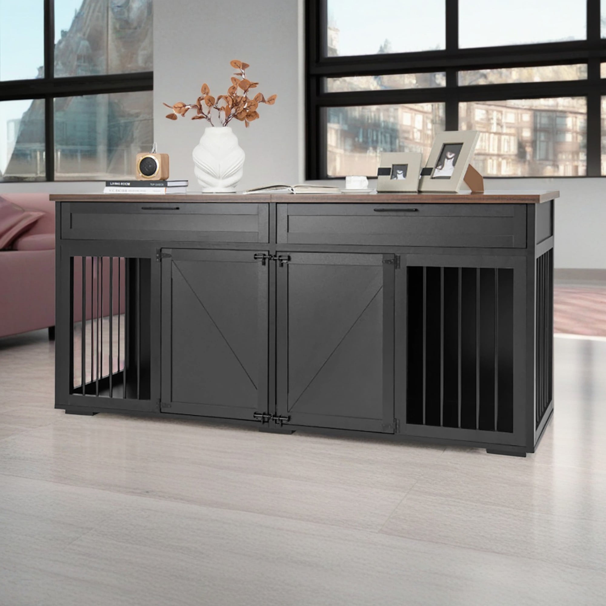 Kadyn 72" Double Door Dog Crate with Partition for Two Puppies, Furniture Style Dog Cages, Indoor Wood Kennel with Room Divider, Black