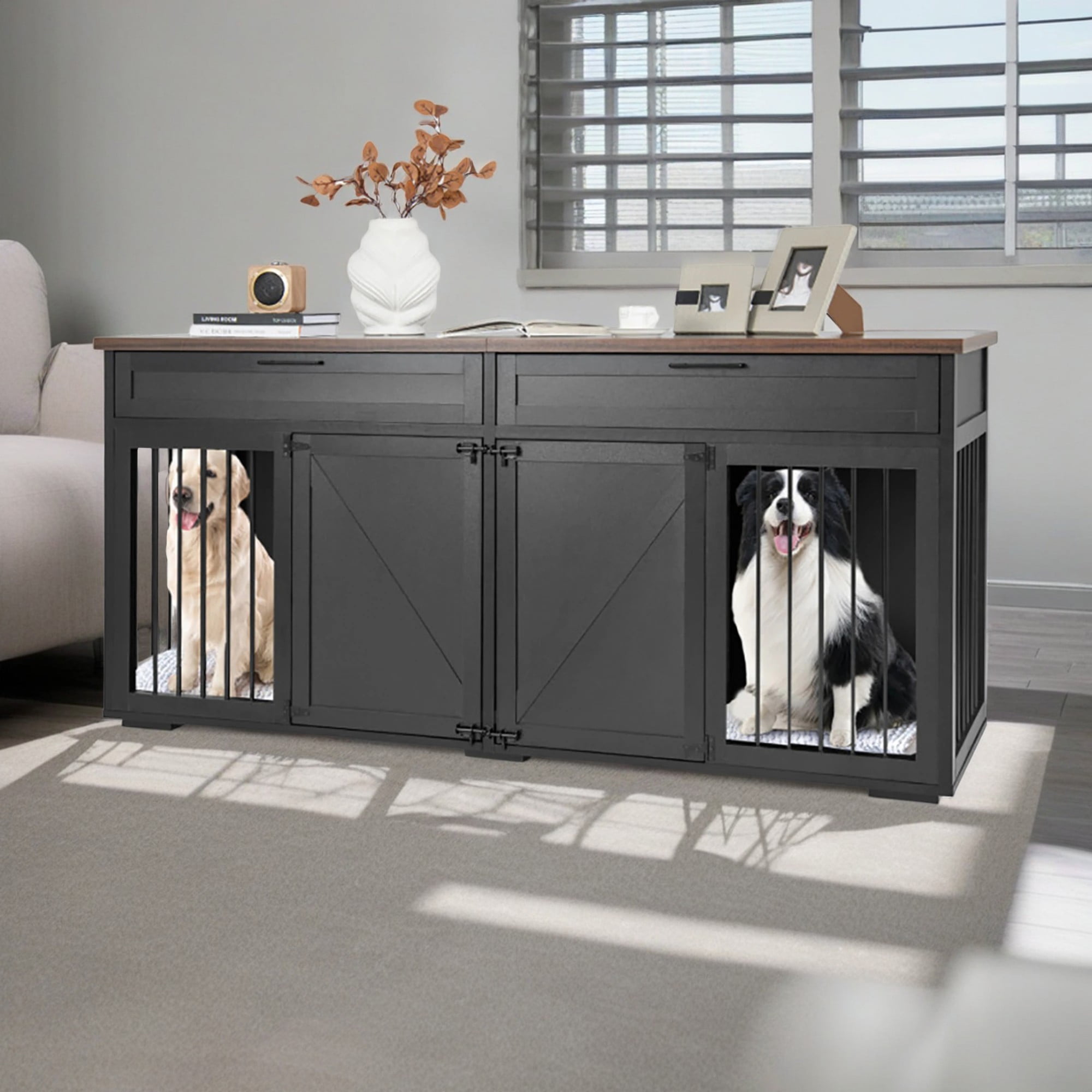 resenkos 72" Double Door Dog Crates with Partition for Two Puppies, Large Furniture Style Dog Cage, Dog House Kennel for Indoor Dogs, Black