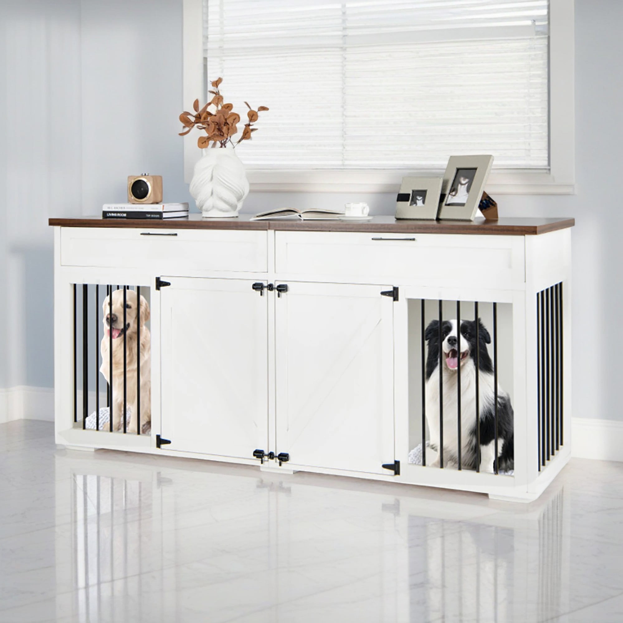 resenkos 72" Double Door Dog Crates with Partition for Two Puppies, Large Furniture Style Dog Cage, Dog House Kennel for Indoor Dogs, White