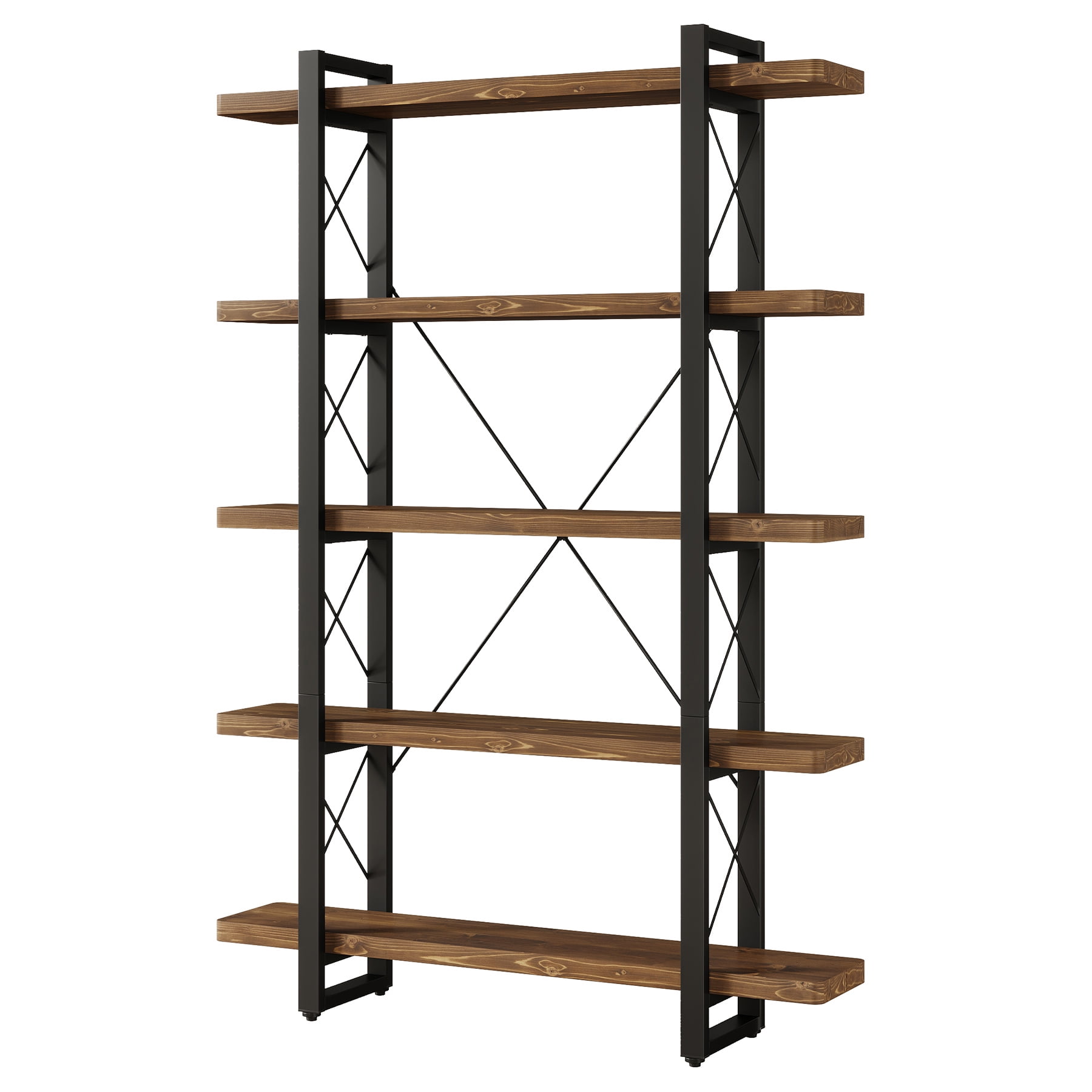 Demi Bonn 72" Industrial Wooden Bookshelf, Multi-Level Display Storage with Metal Construction for Living Room, Brown