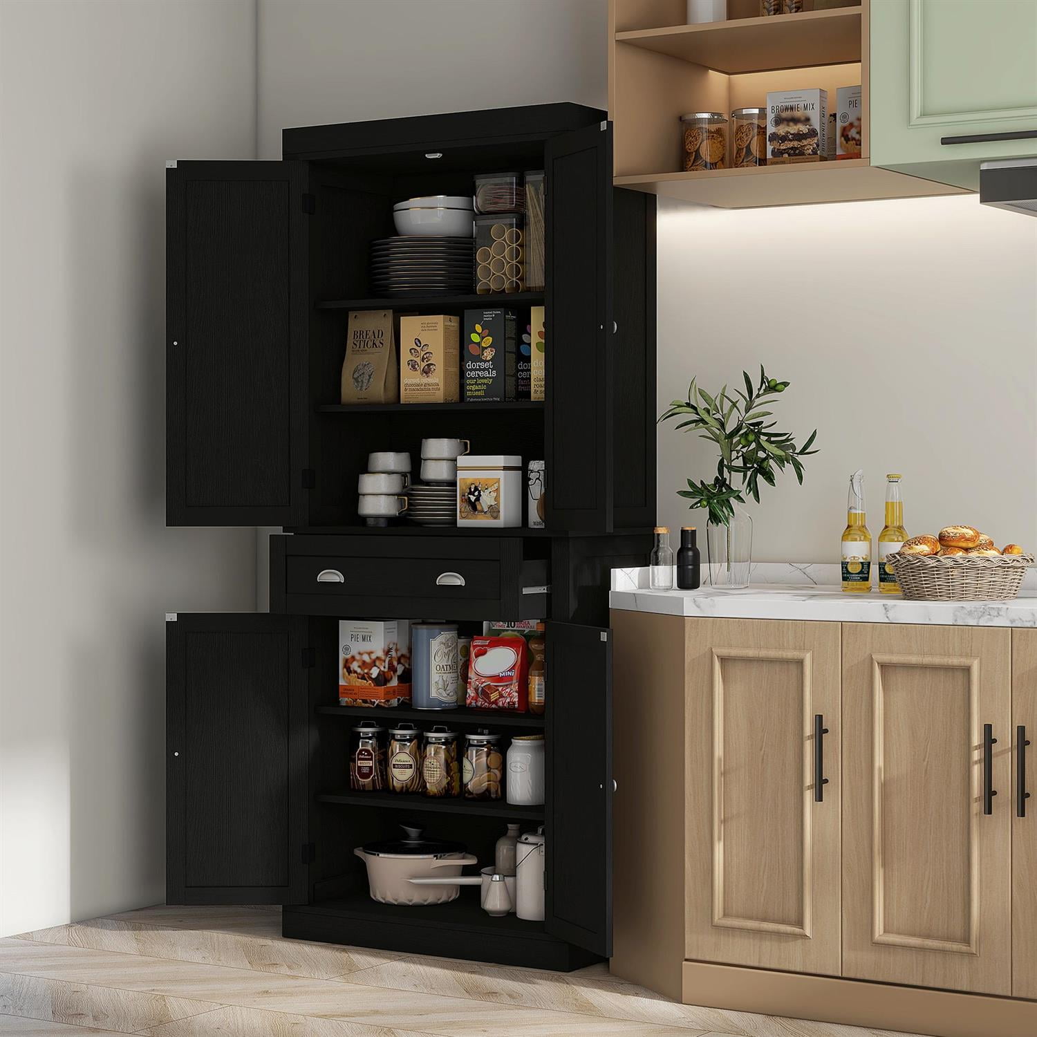 Demi Bonn 72" Kitchen Cabinet, Pantry Storage Cabinet with Doors and Shelves, Freestanding Food Pantry Cabinet for Home, Living Room, Black Wood Grain