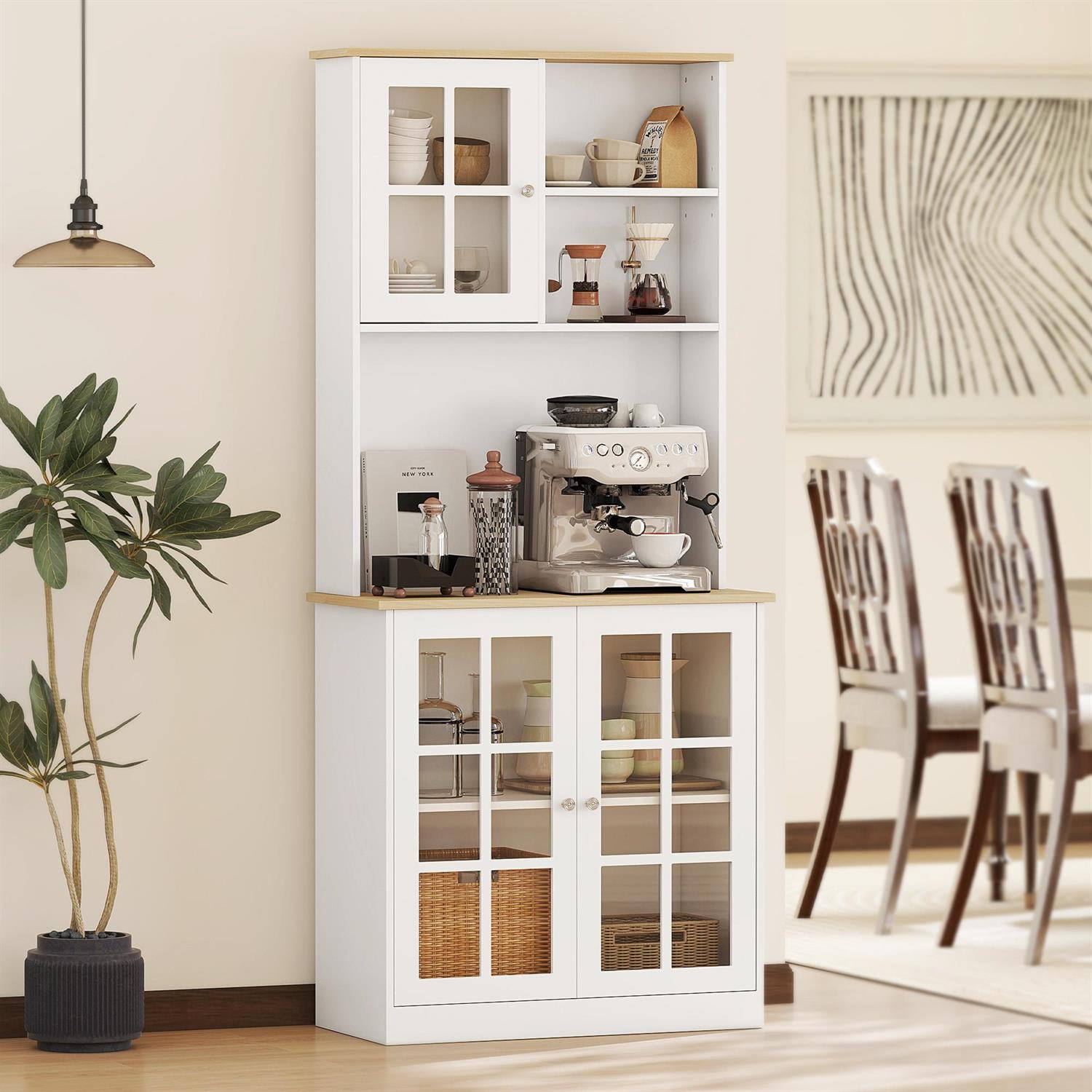 Demi Bonn 72" Kitchen Pantry Cabinet, Freestanding Storage Cabinet with Hutch, Large Countertop, Glass Doors and Adjustable Shelves for Dining Room, White