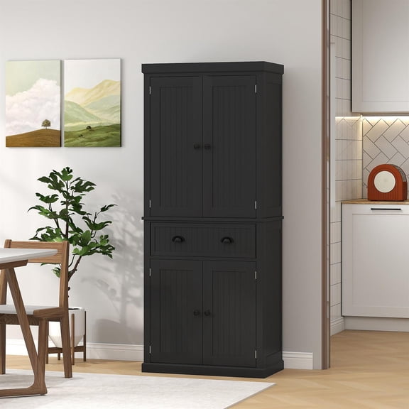 Demi Bonn 72" Kitchen Pantry Storage Cabinet, Cupboard with 4 Doors and 3 Adjustable Shelves, Large Central Drawer for Home, Dining Room, Black