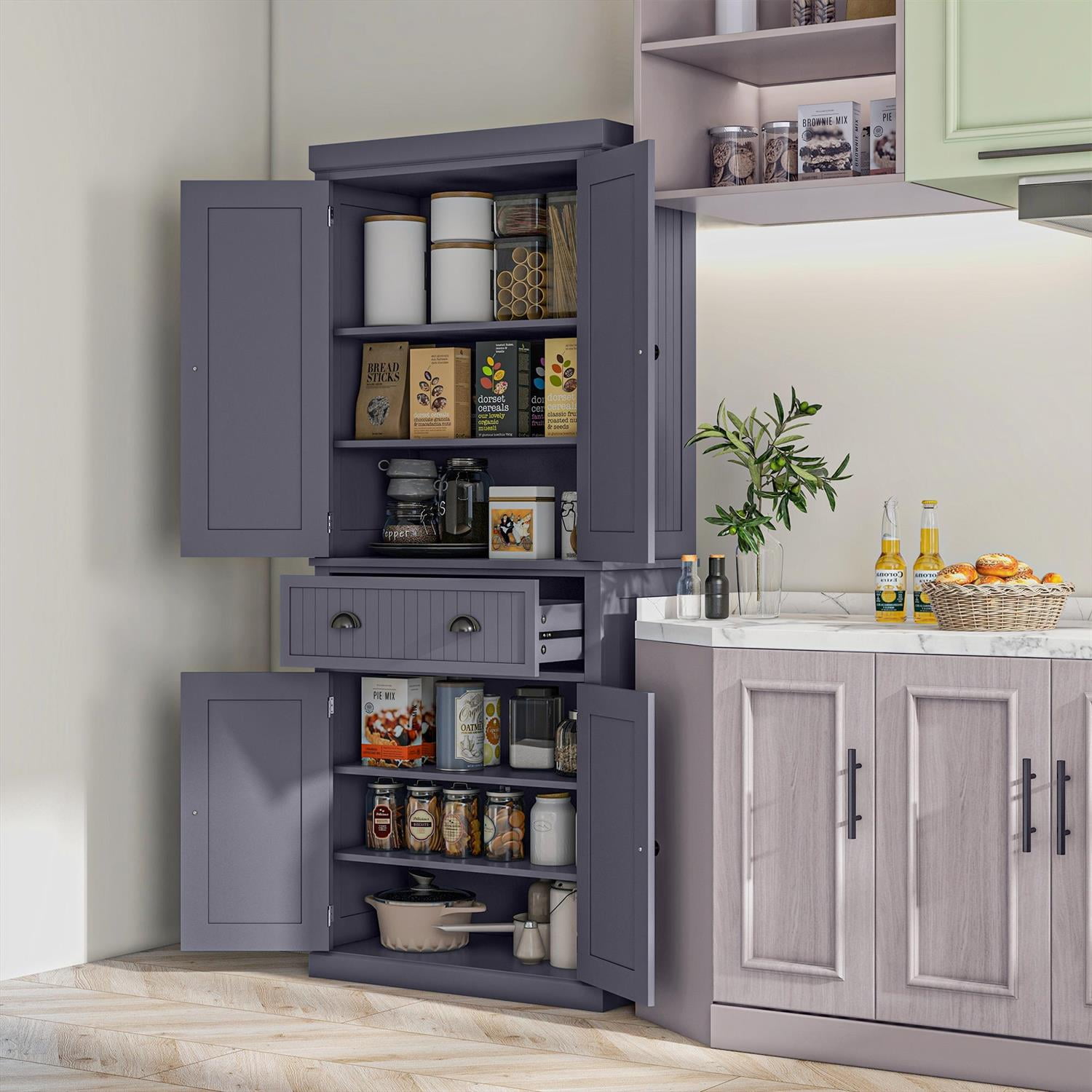 Demi Bonn 72" Kitchen Storage Cabinet with 4 Doors, 3 Adjustable Shelves, Large Drawer for Home & Kitchen, Blue