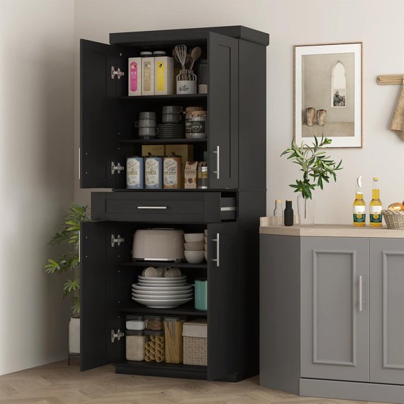 Demi Bonn 72" Modern Kitchen Freestanding Pantry Cabinet with Adjustable Shelves, Doors and Drawer, Storage Solution for Home Use, Black