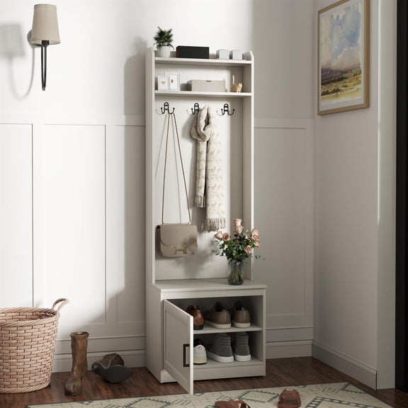 Demi Bonn 72" Narrow Hall Tree with Shoe Storage Bench, Entryway Bench with Coat Rack, Accent Coat Tree with Storage Shelves for Hallway, White