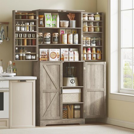 Demi Bonn 72" Tall Farmhouse Kitchen Pantry, Pantry Cabinet with 4 Barn Doors, 4 Adjustable Shelves and 8 Door Shelves for Home, Dining Room, Gray