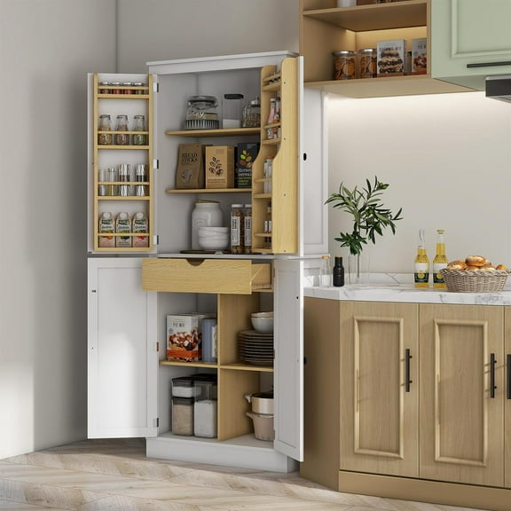 Demi Bonn 72" Tall Kitchen Storage Cabinet with 5 Shelves & 8 Spice Racks for Organizing Pantry, Modern Design for Home Storage, White