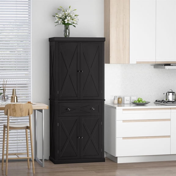 Demi Bonn 72" Traditional Kitchen Pantry Storage Cabinet, 4 Doors, 2 Adjustable Shelves, X-Frame Design, Central Drawer for Home Kitchen, Black