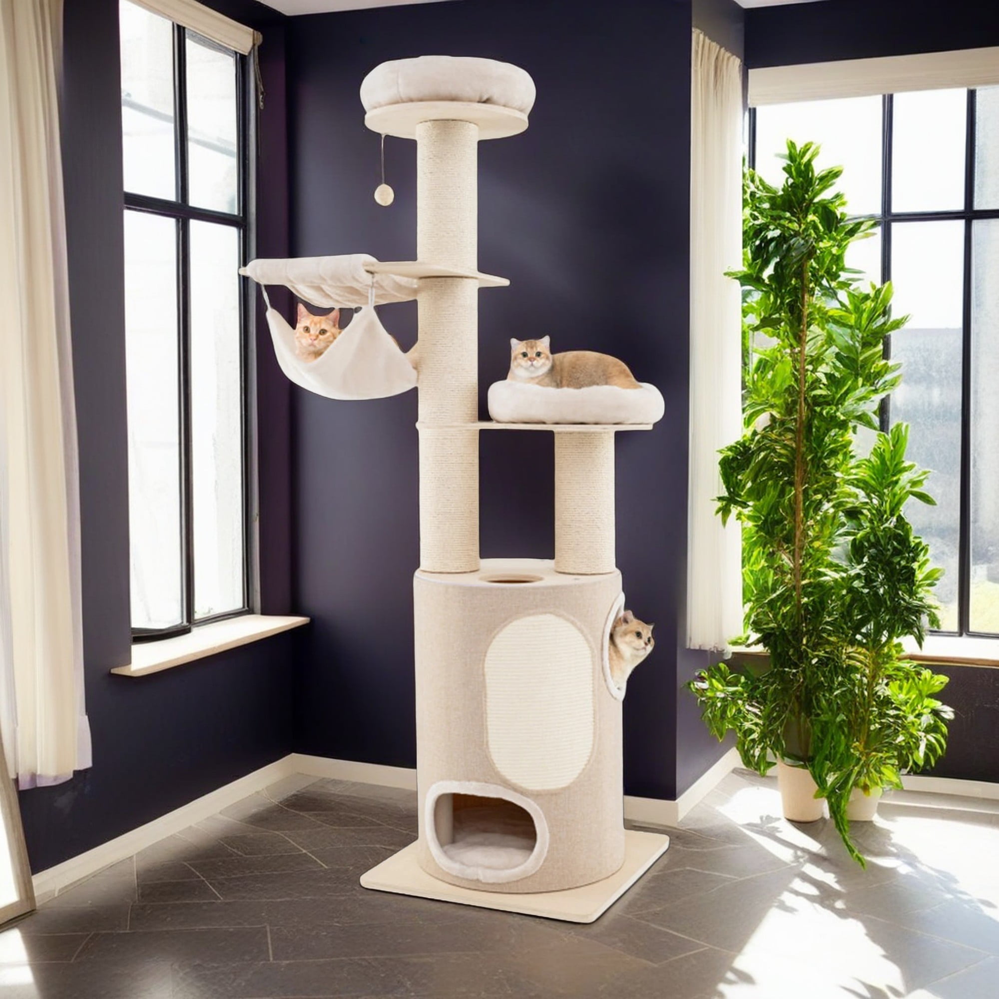 Kadyn 74" Cat Tree Tower for Indoor Cats, Multi-Level Cat Tree House for Big Cats with 2 Storey Cat Condo, Washable Cushions, Cat Climbing Tower, Beige