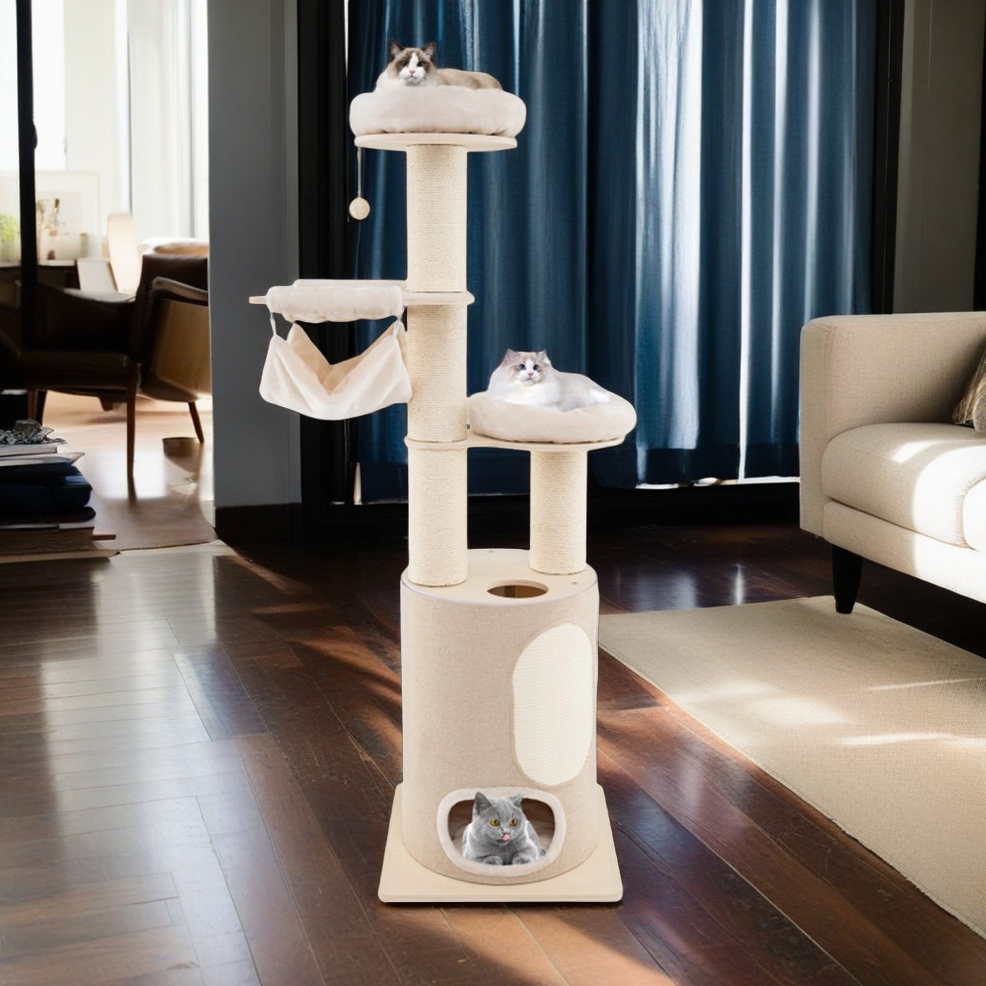 Kadyn 74" Cat Tree with Scratching Post, Cat Tower with 2 Stoery Cat Condo and Top Perch, Multi-Platform Cat Tree House, Beige