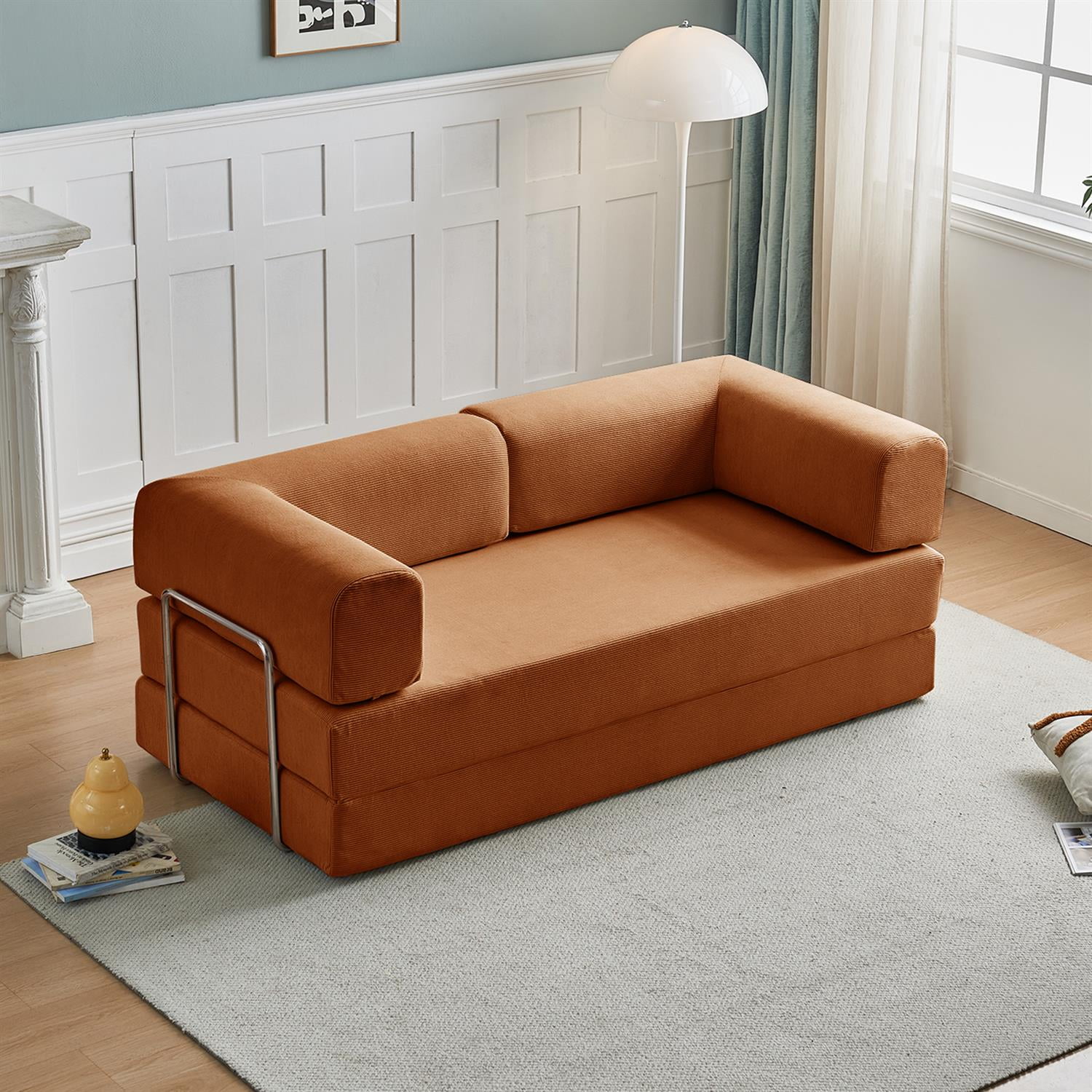 Demi Bonn 74" Ergonomic 3-Seater Corduroy Sofa Bed for Small Spaces, Apartments, Easy Assembly, Modern Couch Furniture for Living Rooms, Orange