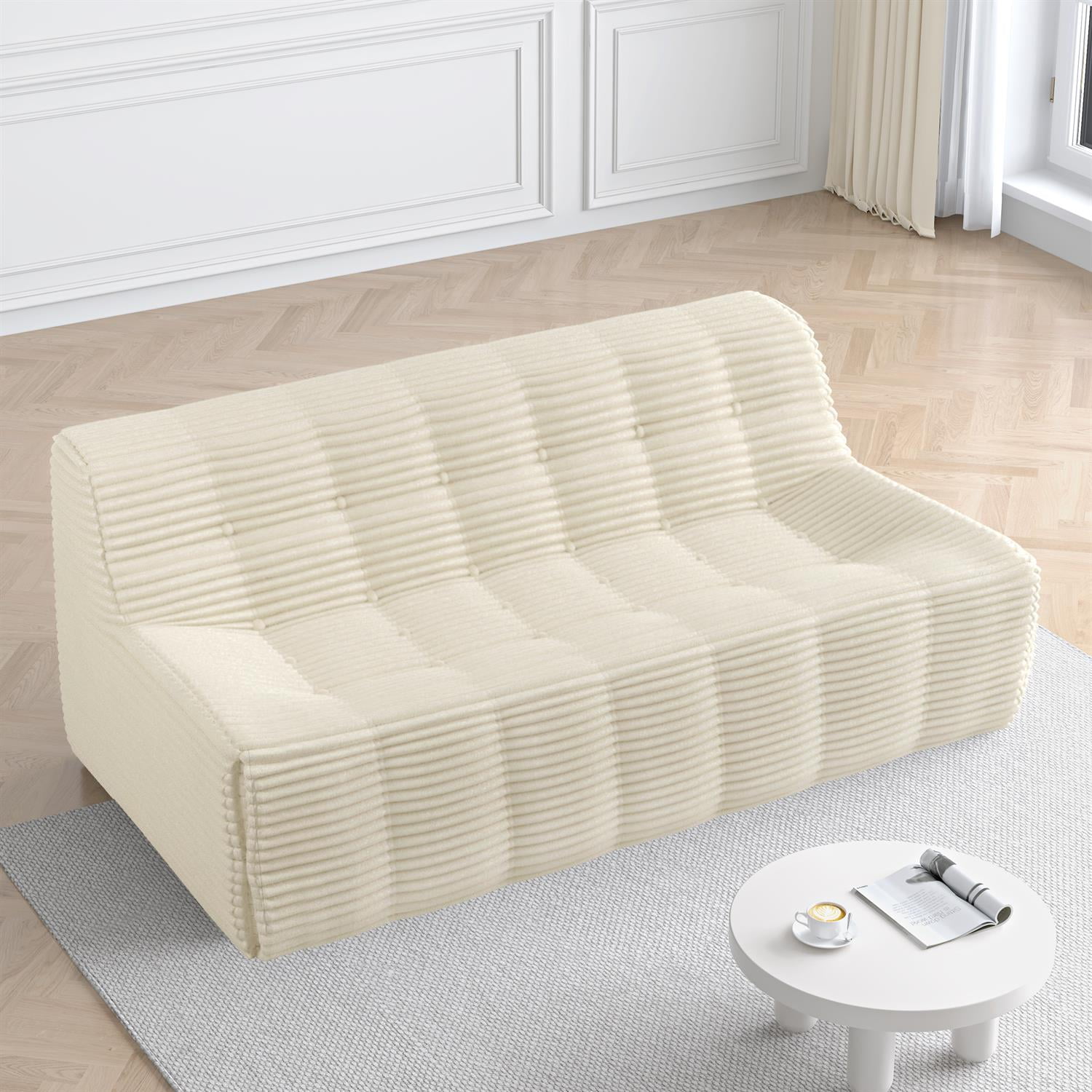 Demi Bonn 74" Modern Minimalist Corduroy 3-Seat Sofa, Full Sponge Compression Couch for Living Room, Space-Saving Design, White