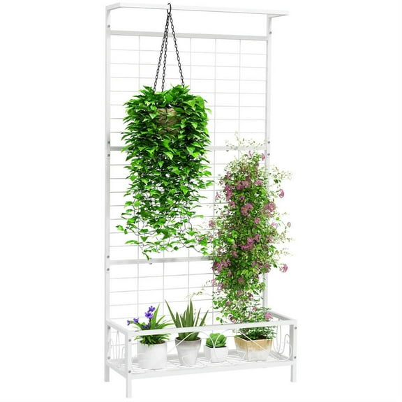 Demi Bonn 74" Tall Plant Stand with Trellis & Hanging Bar, Indoor Outdoor Metal Plant Holder for Patio and Garden, White