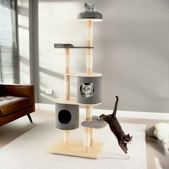 Demi Bonn 75" Modern Cat Tree Tower for Indoor Cats, 6-level Large Wood Cat Condo with Scratching Post and Removable Pads for Small Large Cats, Gray