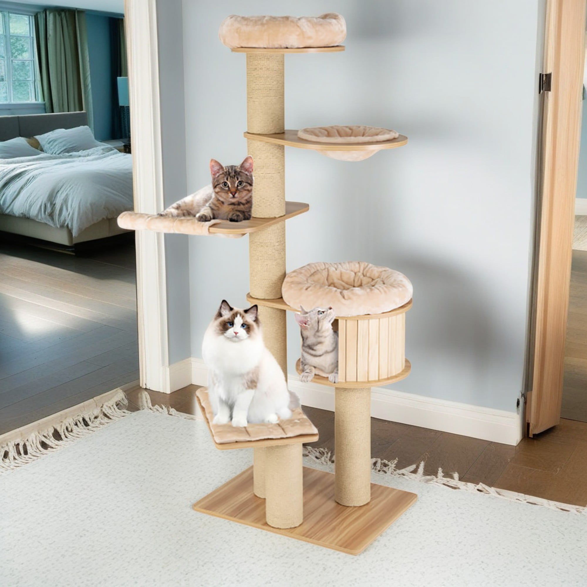 resenkos 75" Wood Cat Tree Tower for Indoor Cats, Multi-Level Cat Condo with Scratching Posts, Perch, Washable Removable Cushions, Cat Furniture, Beige