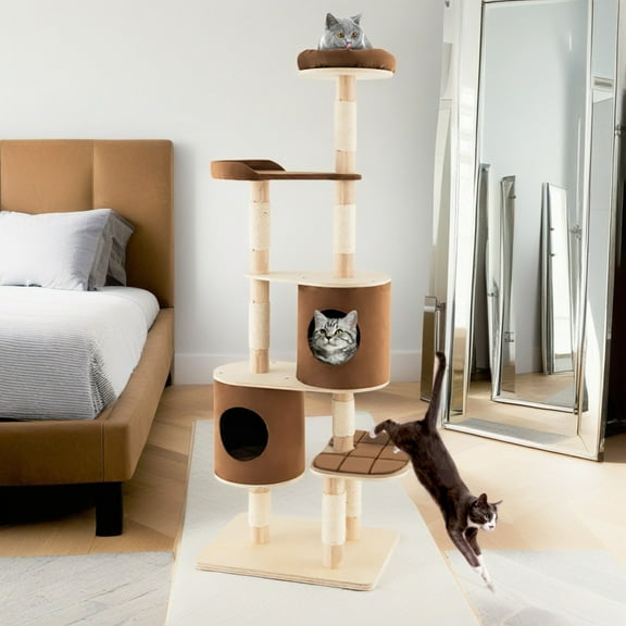 Demi Bonn 75" Wood Cat Tree Tower for Indoor Cats, Multi-Level Cat Condo with Scratching Posts, Perch, Washable Removable Cushions, Cat Furniture, Brown