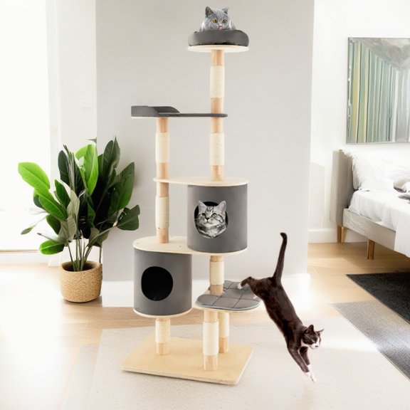 Demi Bonn 75" Wood Cat Tree Tower for Indoor Cats, Multi-Level Cat Condo with Scratching Posts, Perch, Washable Removable Cushions, Cat Furniture, Gray