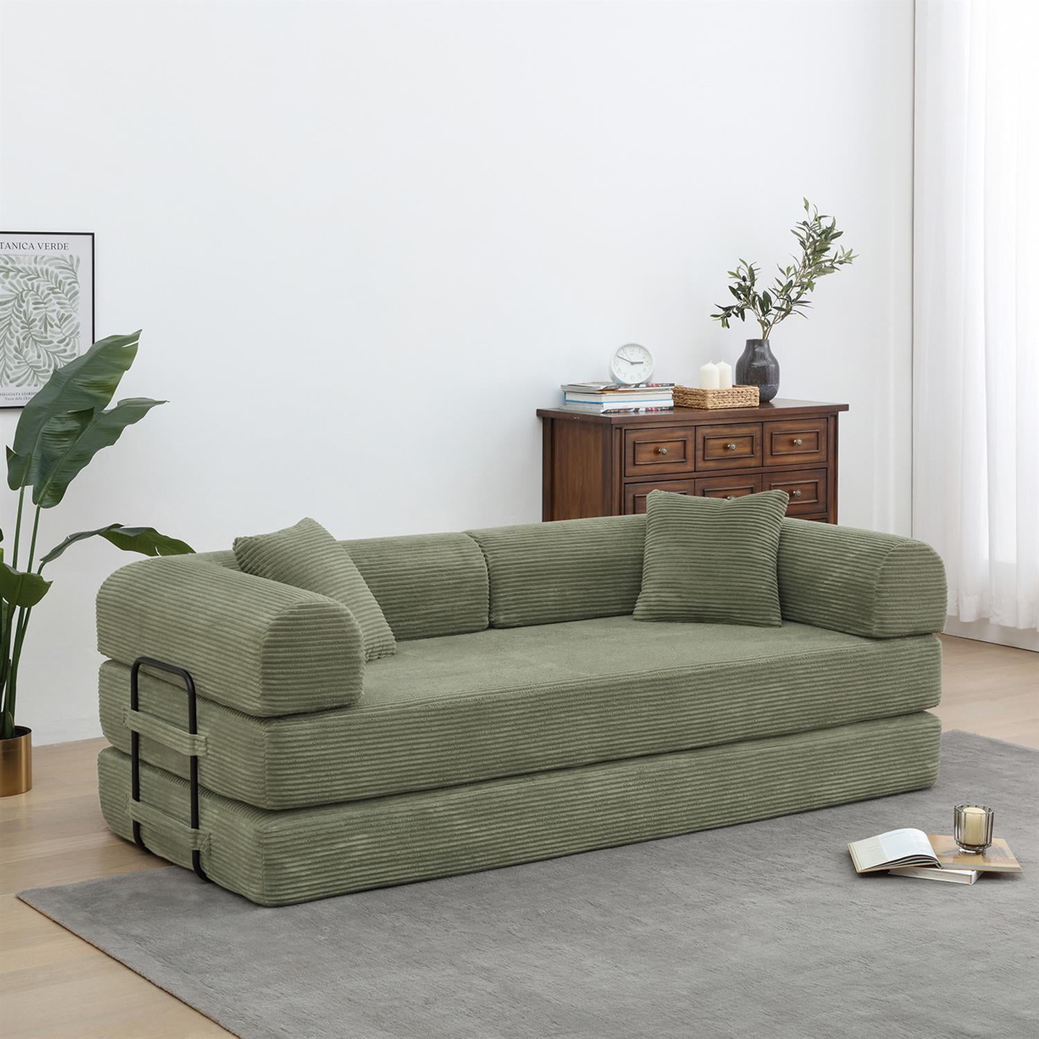Demi Bonn 77" Convertible Sleeper Sofa Bed, Corduroy Foldable Mattress Couch with Cylindrical Pillow & Fixed Frame for Living Room, Bedroom, Light Green