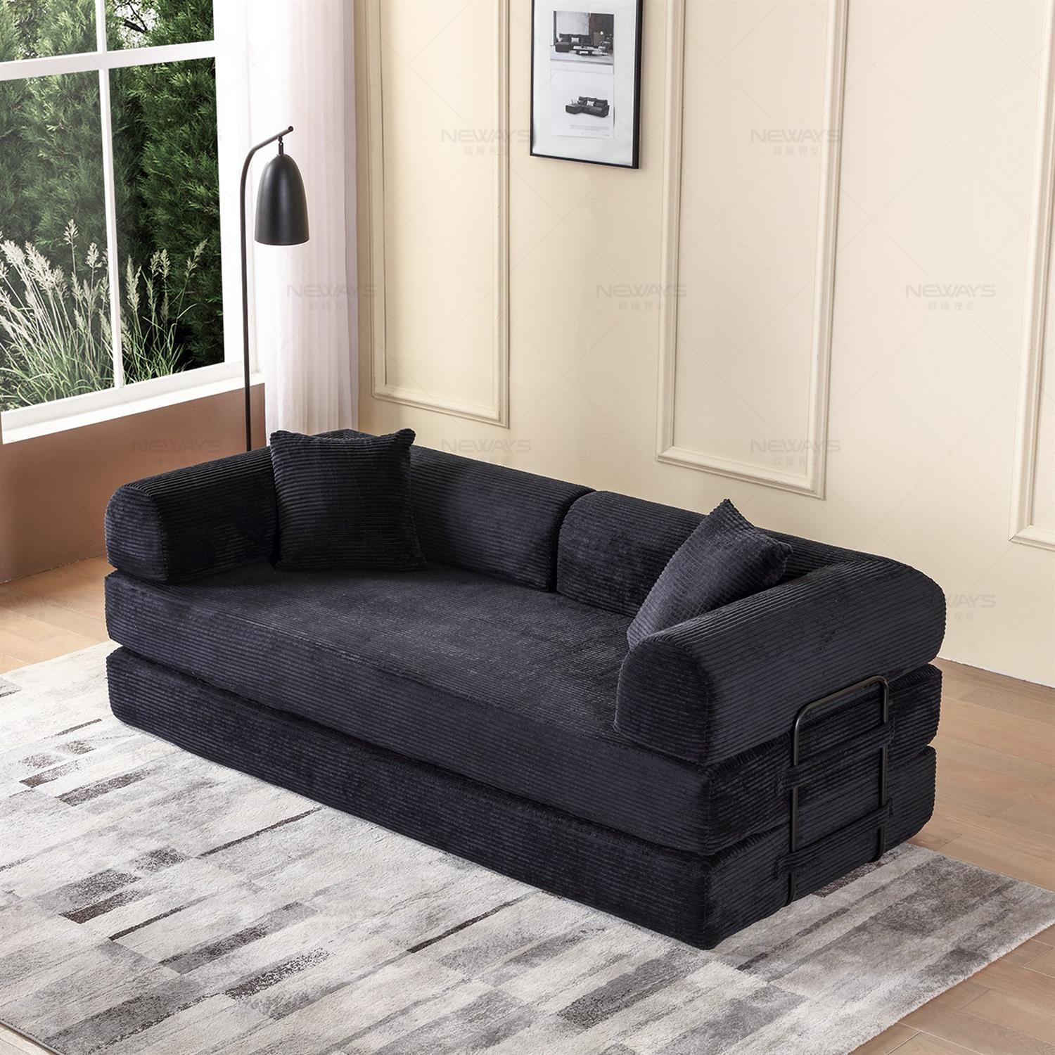 Demi Bonn 77" Convertible Sleeper Sofa Bed, Corduroy Foldable Mattress Couch with Cylindrical Pillow & Fixed Frame for Living Room, Bedroom, Black