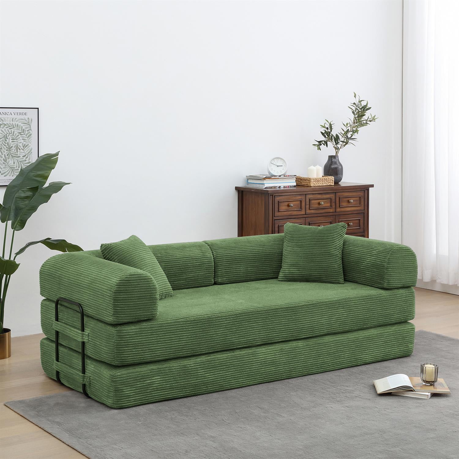 Demi Bonn 77" Convertible Sleeper Sofa Bed, Corduroy Foldable Mattress Couch with Cylindrical Pillow & Fixed Frame for Living Room, Bedroom, Green