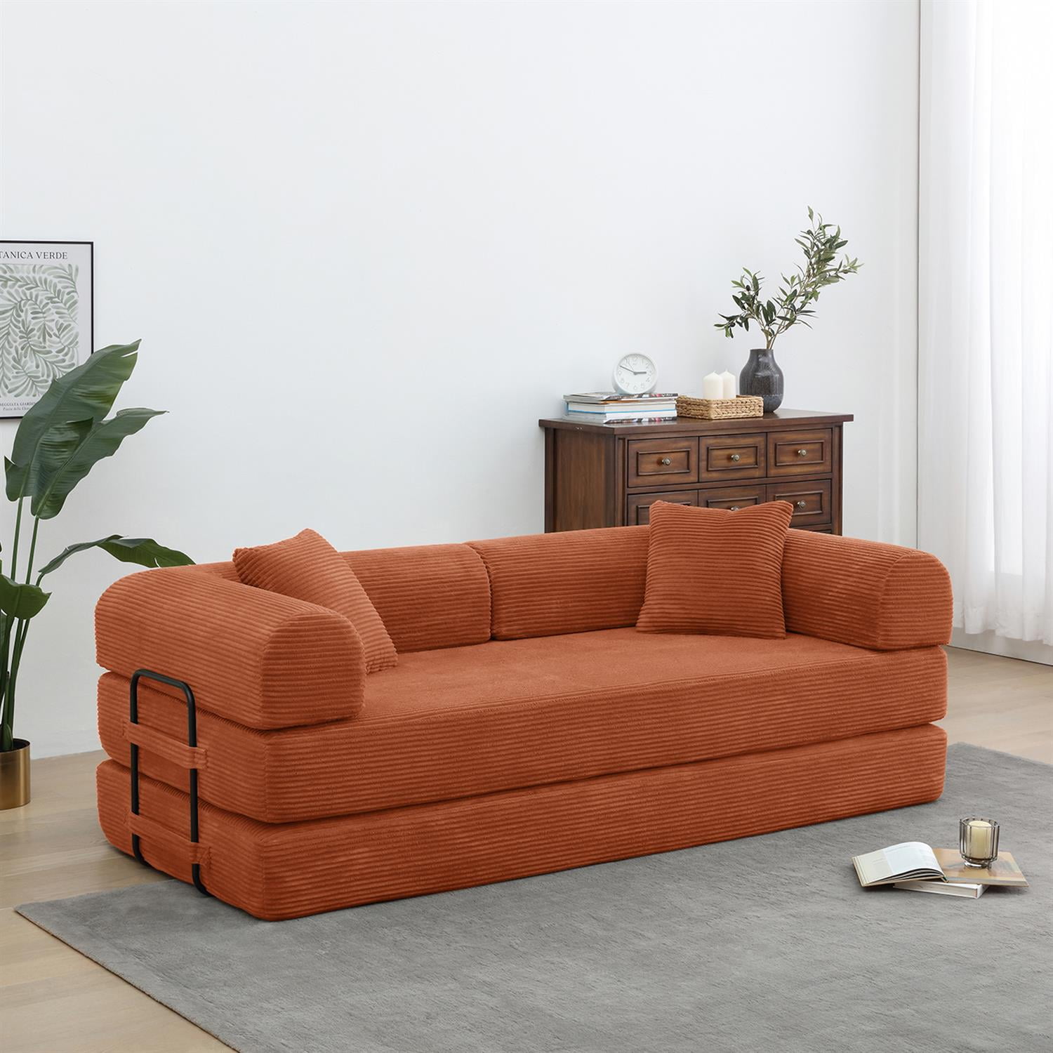 Demi Bonn 77" Convertible Sleeper Sofa Bed, Corduroy Foldable Mattress Couch with Cylindrical Pillow & Fixed Frame for Living Room, Bedroom, Orange