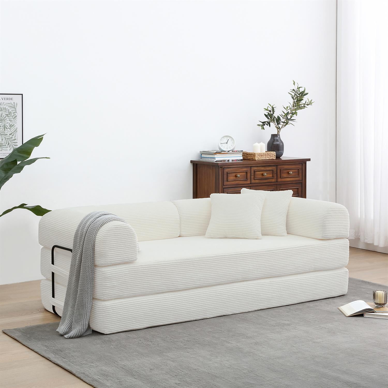 Demi Bonn 77" Convertible Sleeper Sofa Bed, Corduroy Foldable Mattress Couch with Cylindrical Pillow & Fixed Frame for Living Room, Bedroom, White