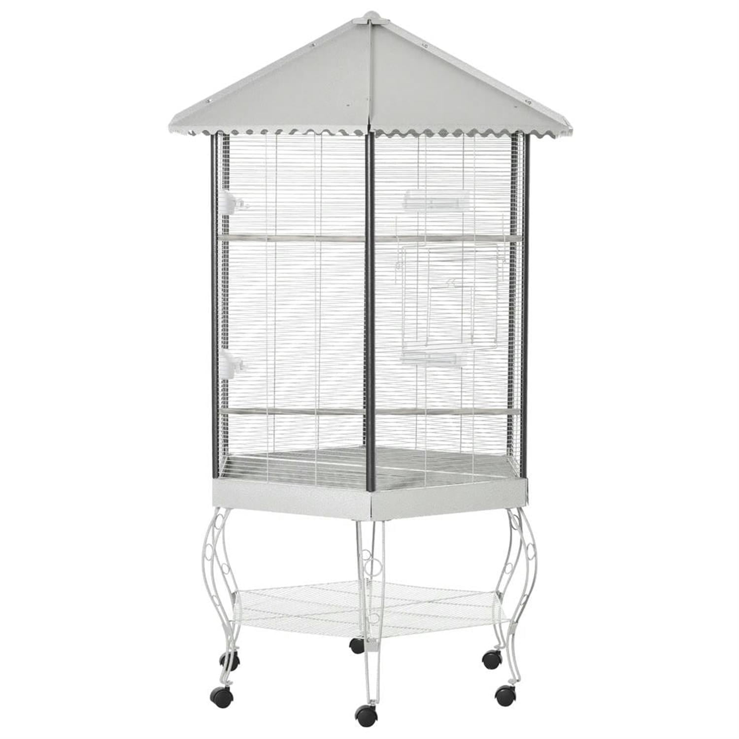Demi Bonn 77" Height Indoor Flight Bird Cage Aviary with Rolling Stand, Storage for Parrots Conures Lovebird Cockatiel Parakeets, White
