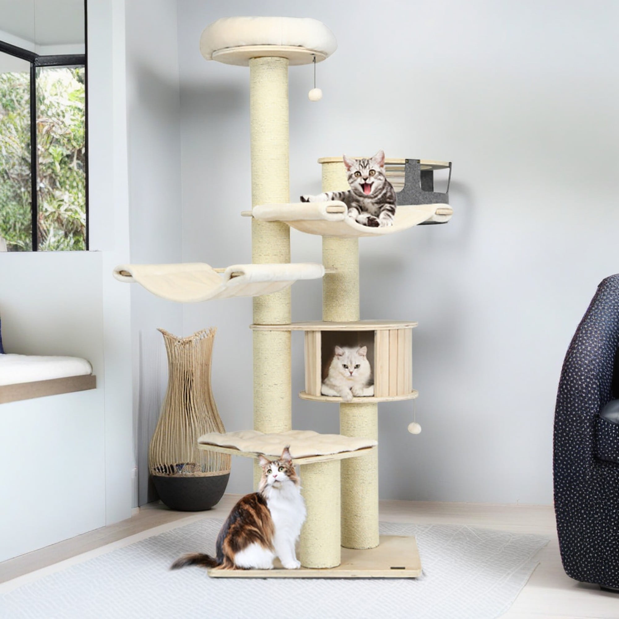 resenkos 77" Modern Cat Tree Tower for Indoor Cats, Large Wood Cat Condo with Scratching Post and Removable Pads for Small Large Cats, Beige