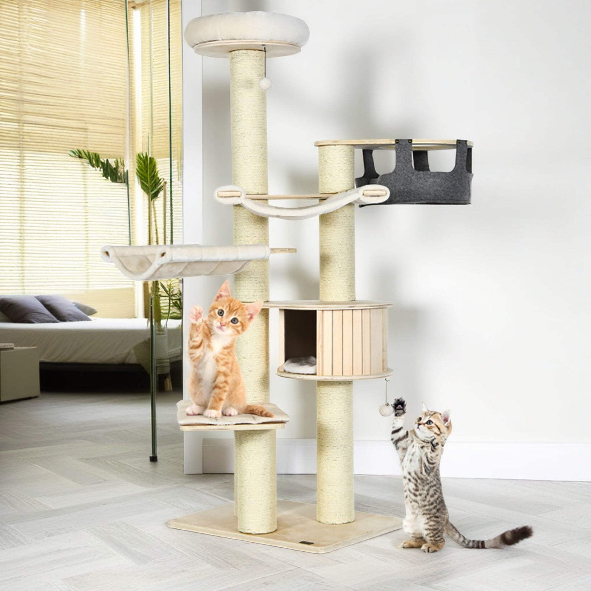 Kadyn 77" Wood Cat Tree Tower for Indoor Cats, Multi-Level Cat Condo with Scratching Posts, Perch, Washable Removable Cushions, Cat Furniture, Beige