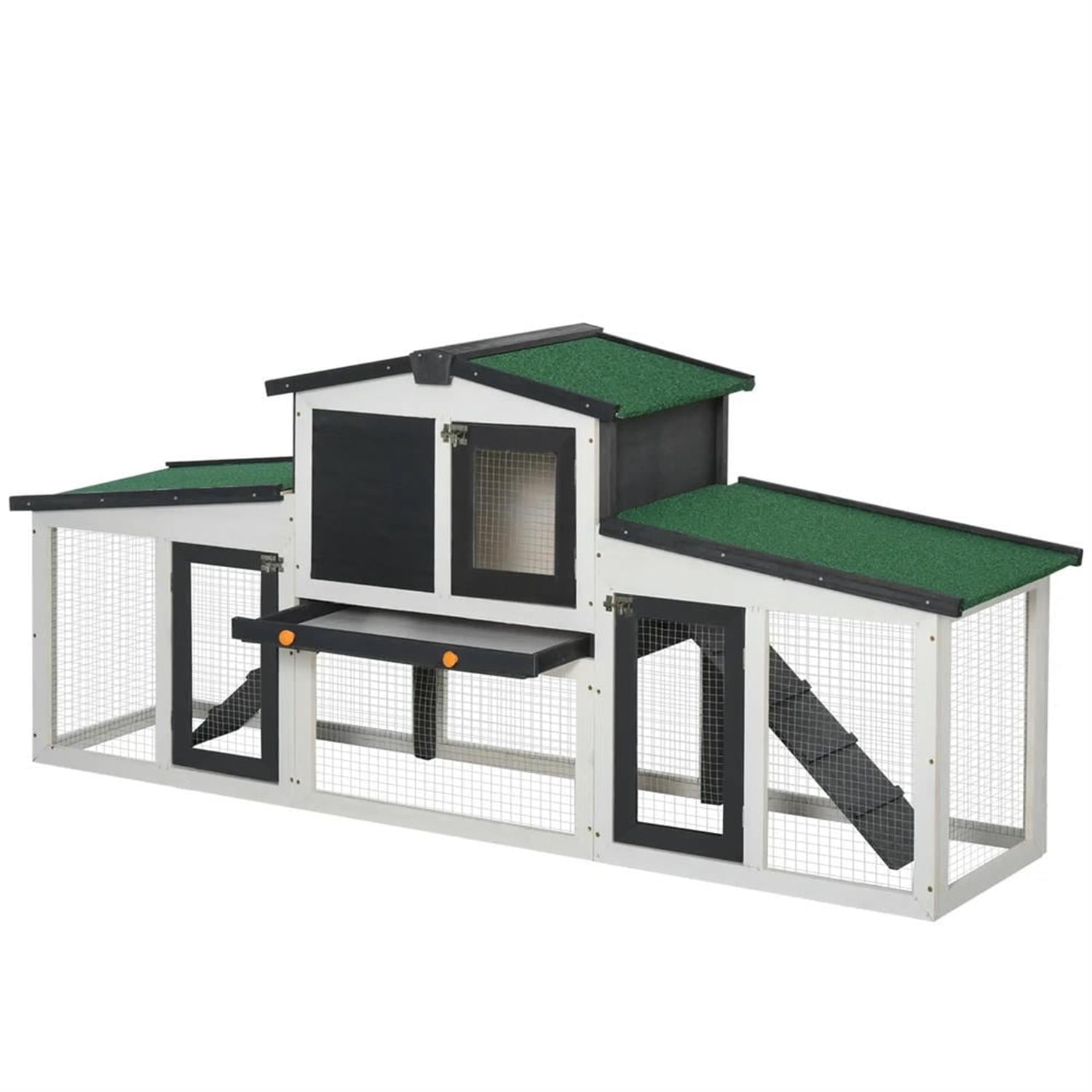 Kadyn 77" Wooden Rabbit Hutch with Double Side Run Boxes, Outdoor Small Animal Habitat Chicken Coop Bunny Cage for Bunnies, Guinea Pigs, Gray