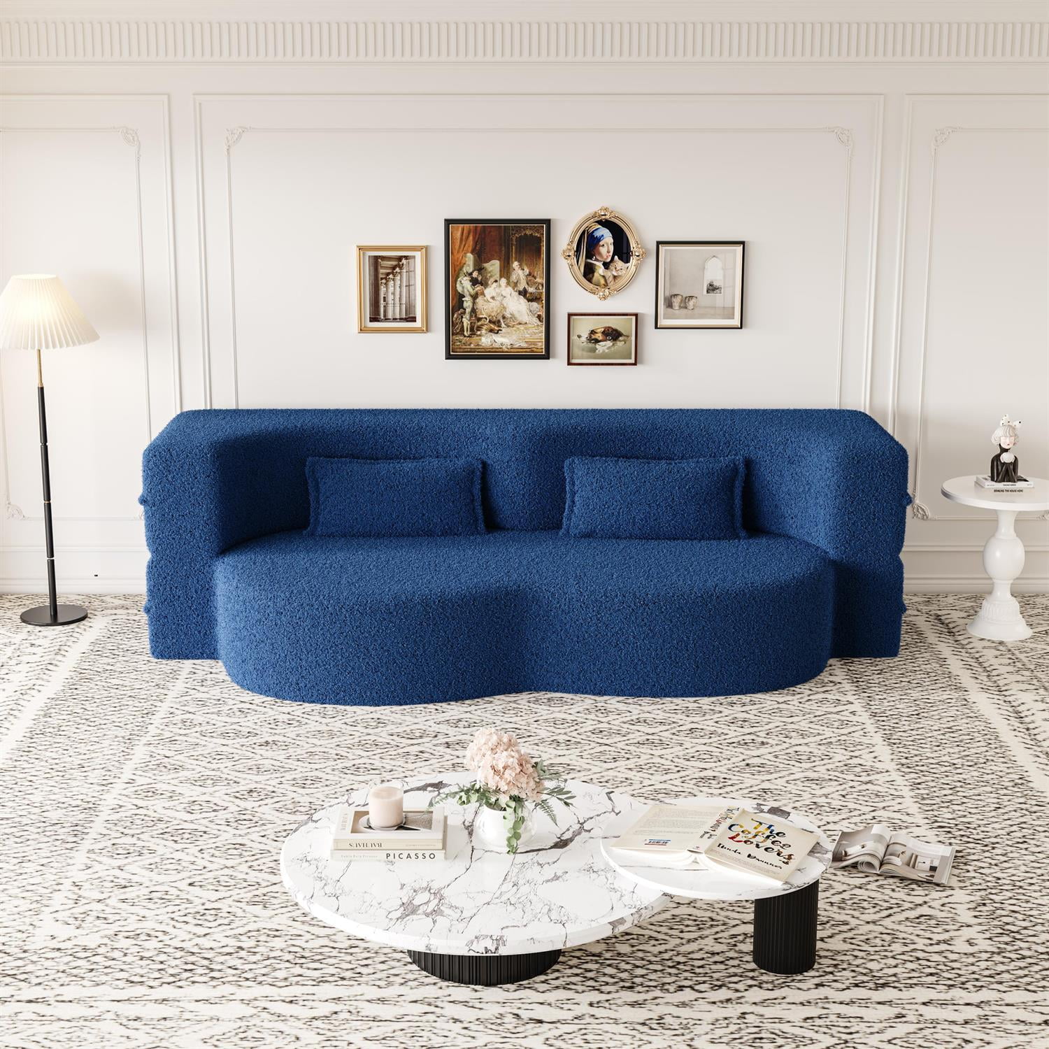 Demi Bonn 78" Modern Floor Sofa Bed with 2 Pillows, Convertible Teddy Fabric Full Size 15" Foam Mattress, No Assembly, Stylish Sleeper Couch for Living Room, Blue