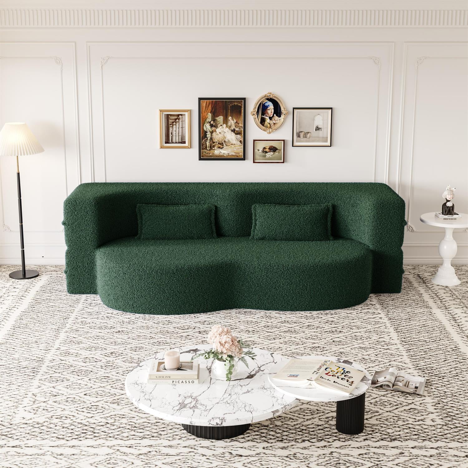 Demi Bonn 78" Modern Floor Sofa Bed with 2 Pillows, Convertible Teddy Fabric Full Size 15" Foam Mattress, No Assembly, Stylish Sleeper Couch for Living Room, Green
