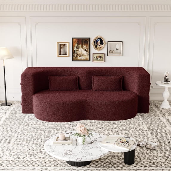 Demi Bonn 78" Modern Floor Sofa Bed with 2 Pillows, Convertible Teddy Fabric Full Size 15" Foam Mattress, No Assembly, Stylish Sleeper Couch for Living Room, Red