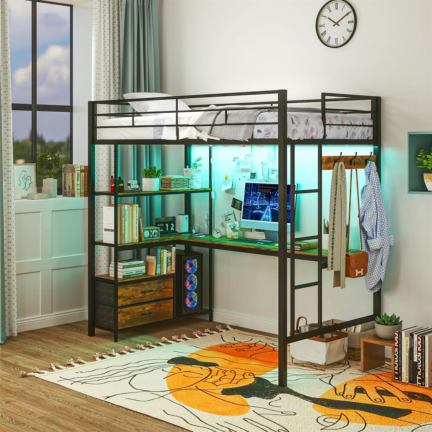 Demi Bonn 78" Modern Metal Frame Loft Bed with Desk and Charging Station, LED Lights, for Teenagers and Guests, Black