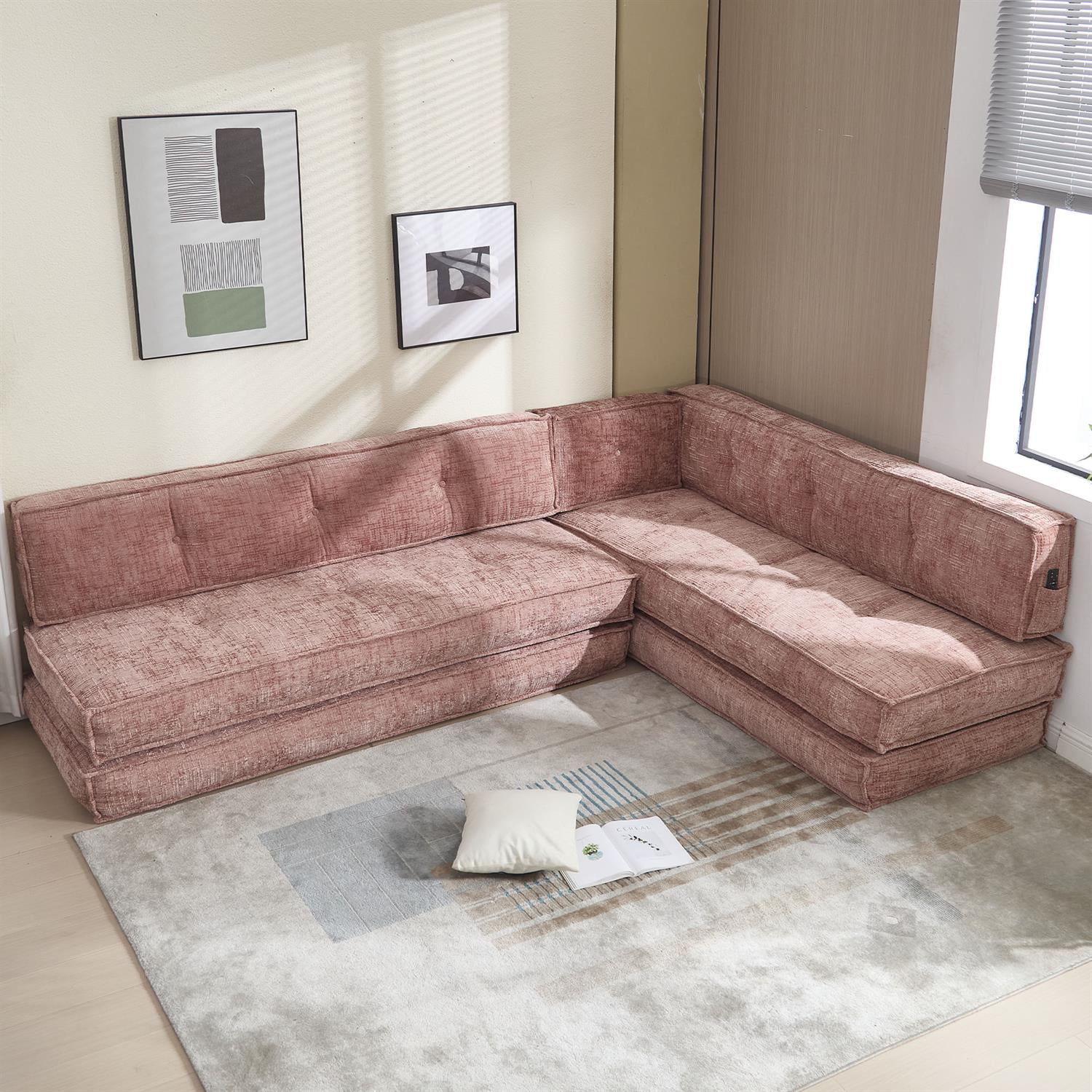 Demi Bonn 78" Versatile Chenille Sectional Sofa with Side Pocket, Modern Couch for Living Room, Customize Layout to Fit Any Space, Pink